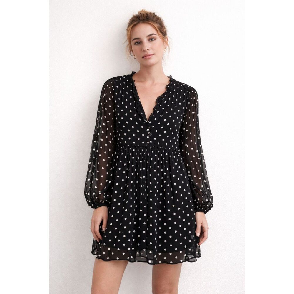 ZARA Polka Dot Pleated Mini Dress Black White Medium
